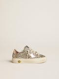 May Junior in platinum glitter with metallic leather star and heel tab| Golden Goose