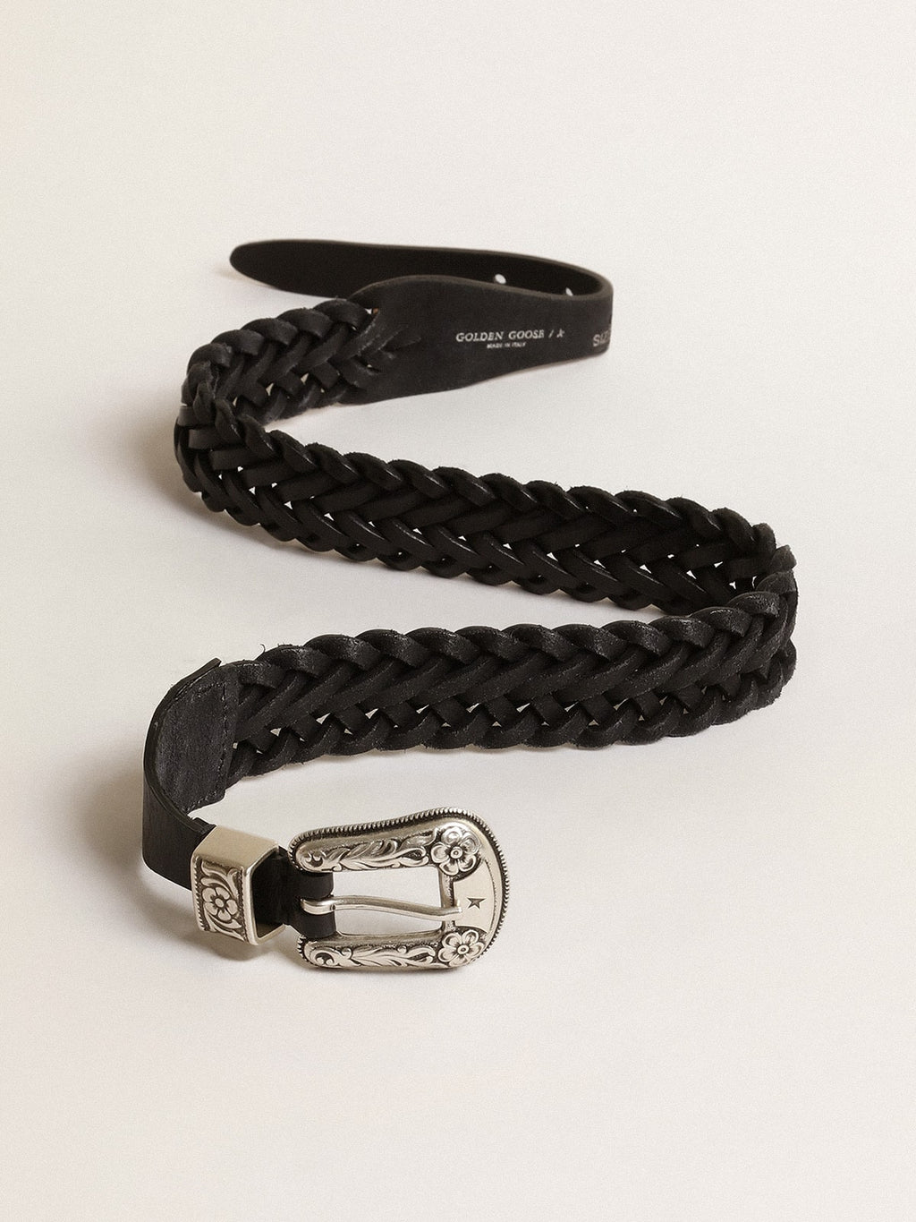 Belt in black braided leather with silver color buckle| Golden Goose