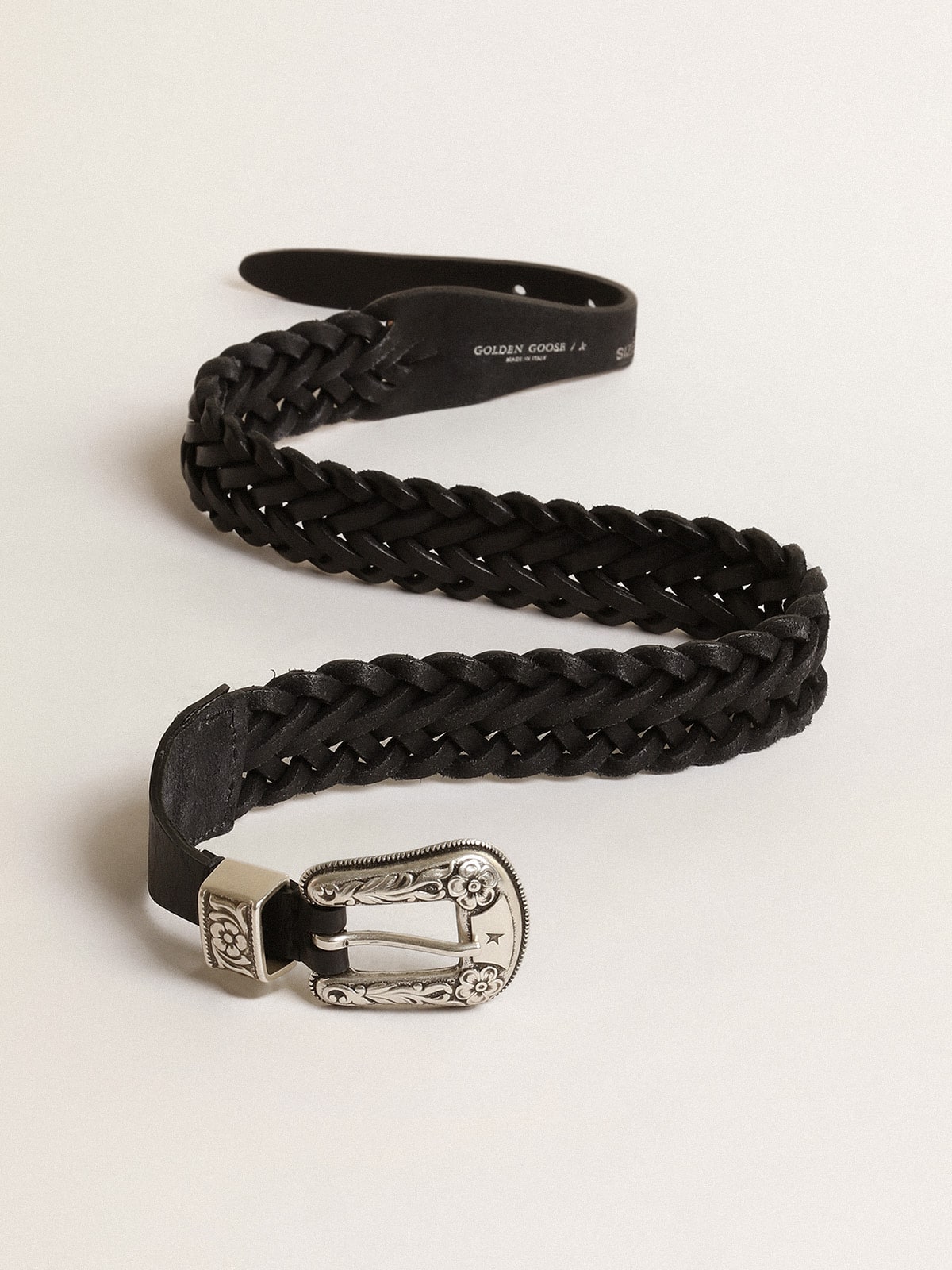 Belt in black braided leather with silver color buckle| Golden Goose