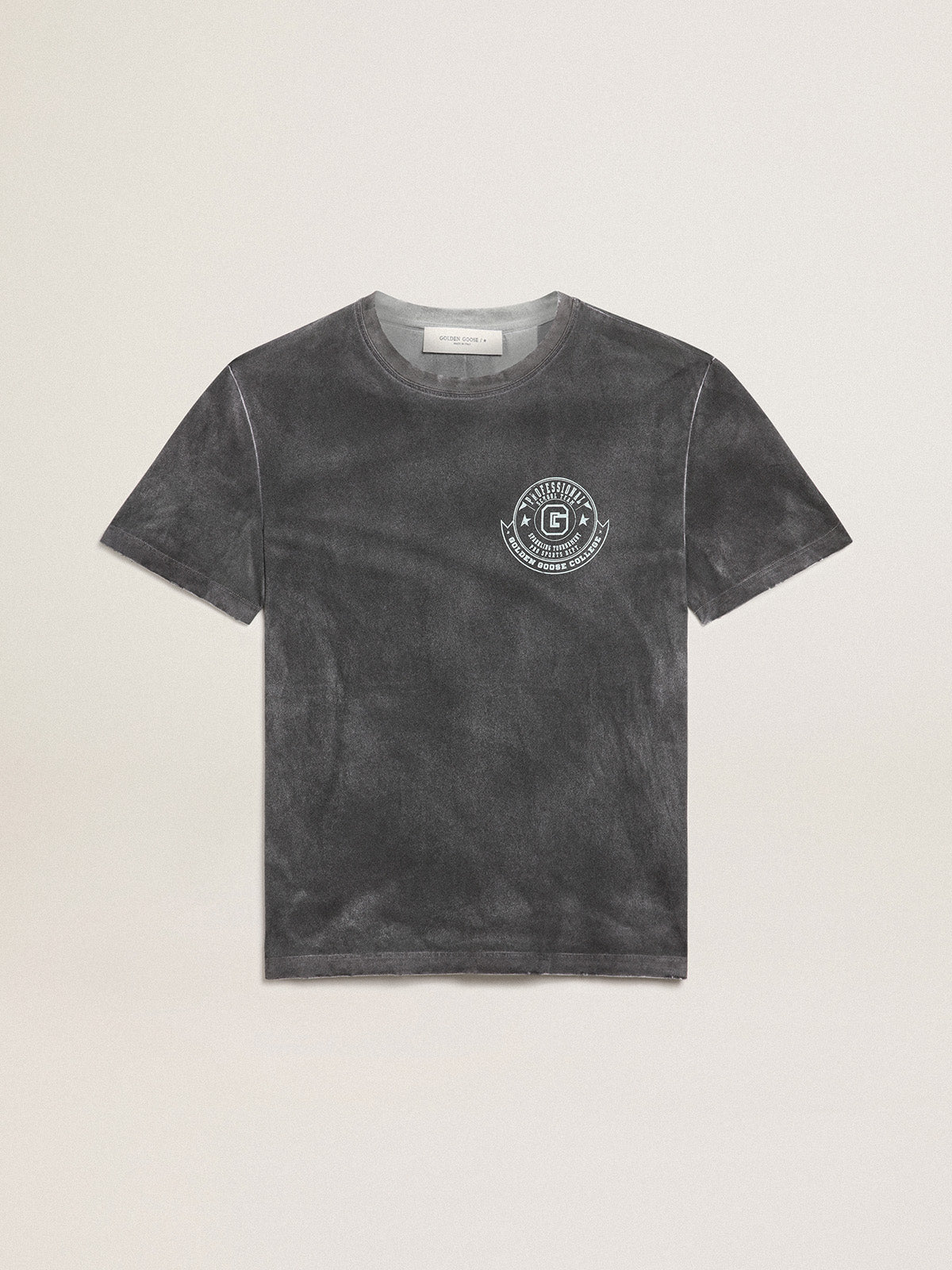 Men's gray T-shirt with aged effect with print on the front| Golden Goose