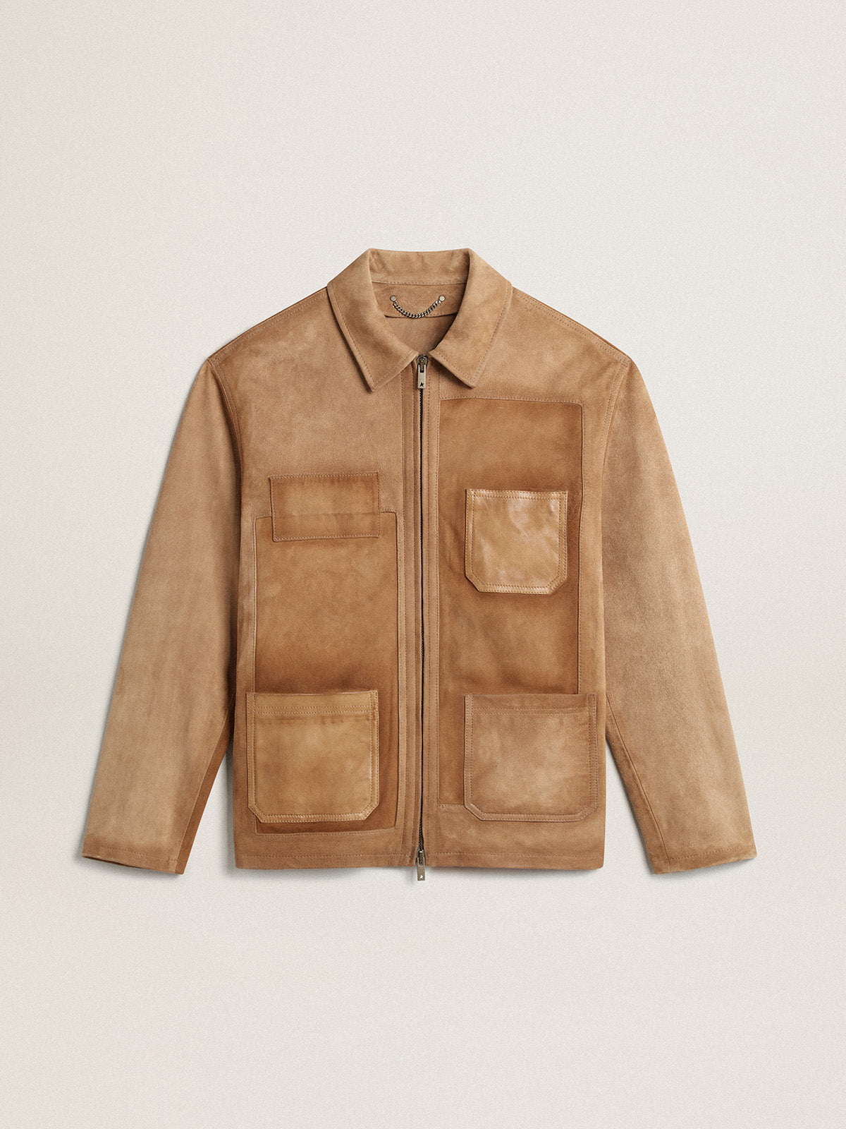Sand-colored leather jacket with patches and zip fastening| Golden Goose
