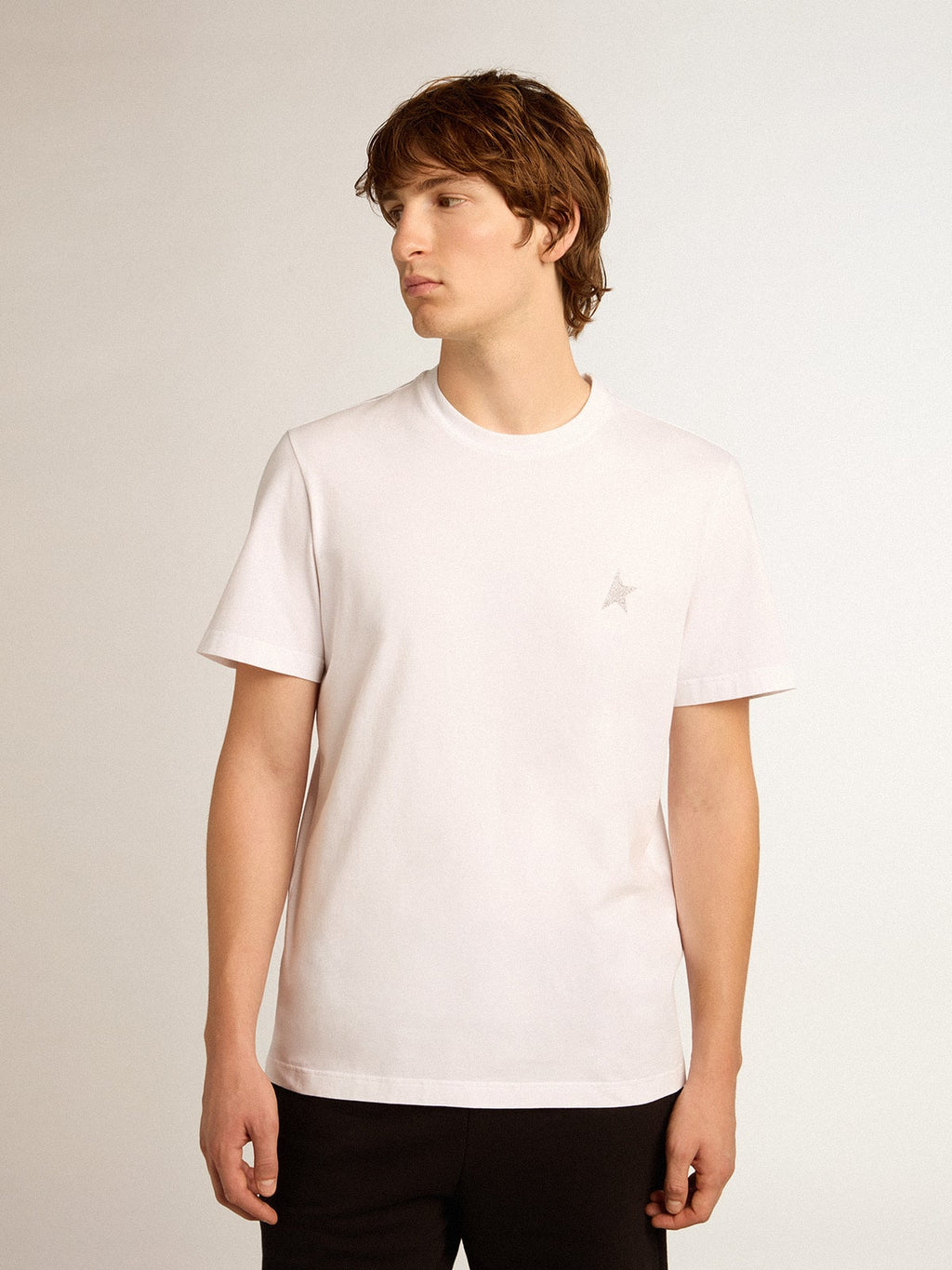 Men's white T-shirt with silver glitter star on the front| Golden Goose