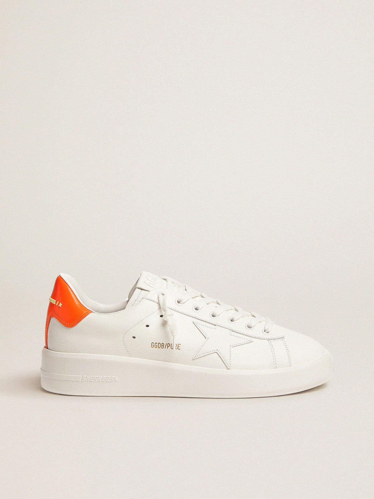 White Purestar sneakers with fluorescent orange heel tab| Golden Goose