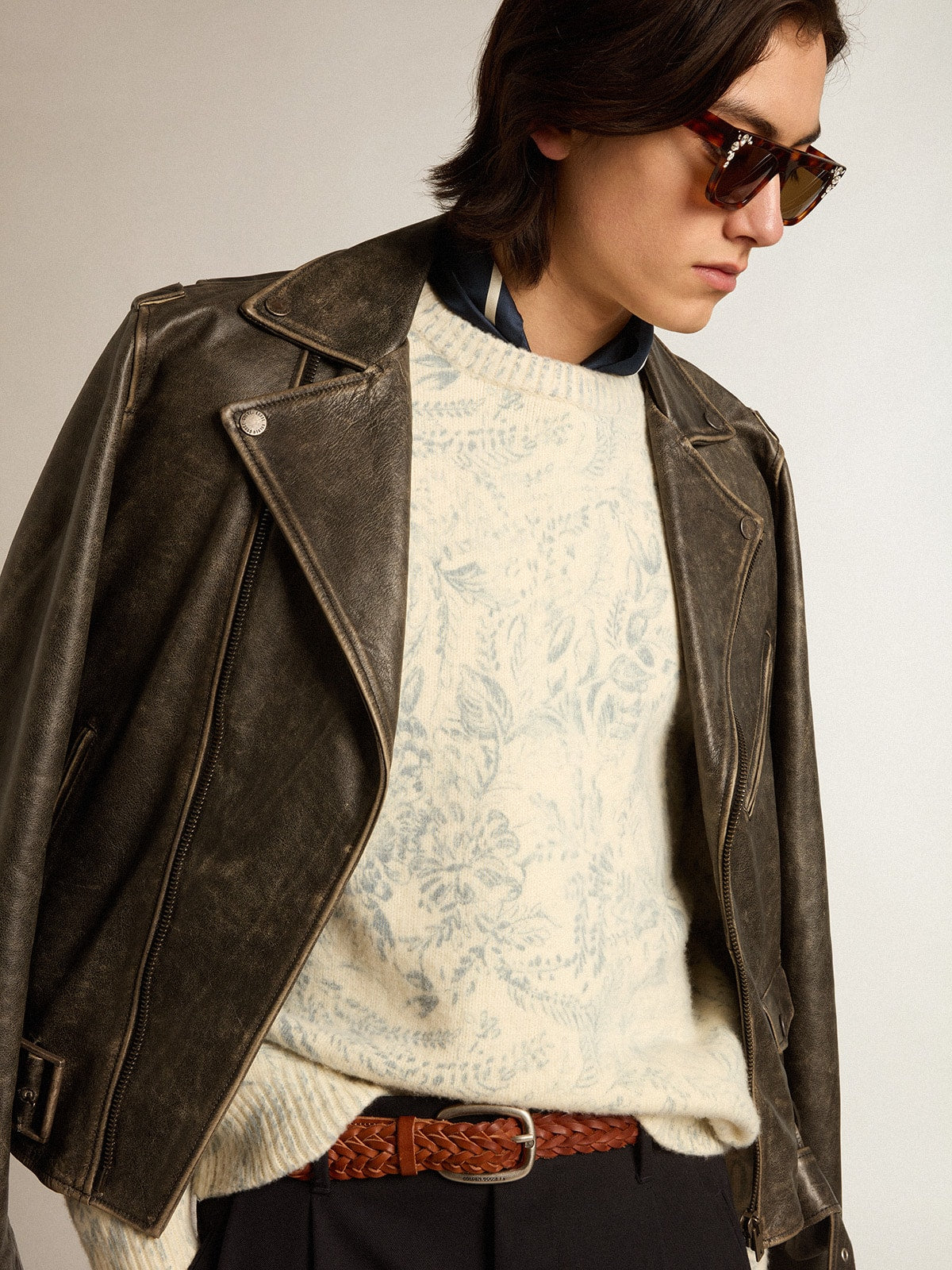 Men's round-neck sweater in wool with all-over toile de jouy pattern| Golden Goose