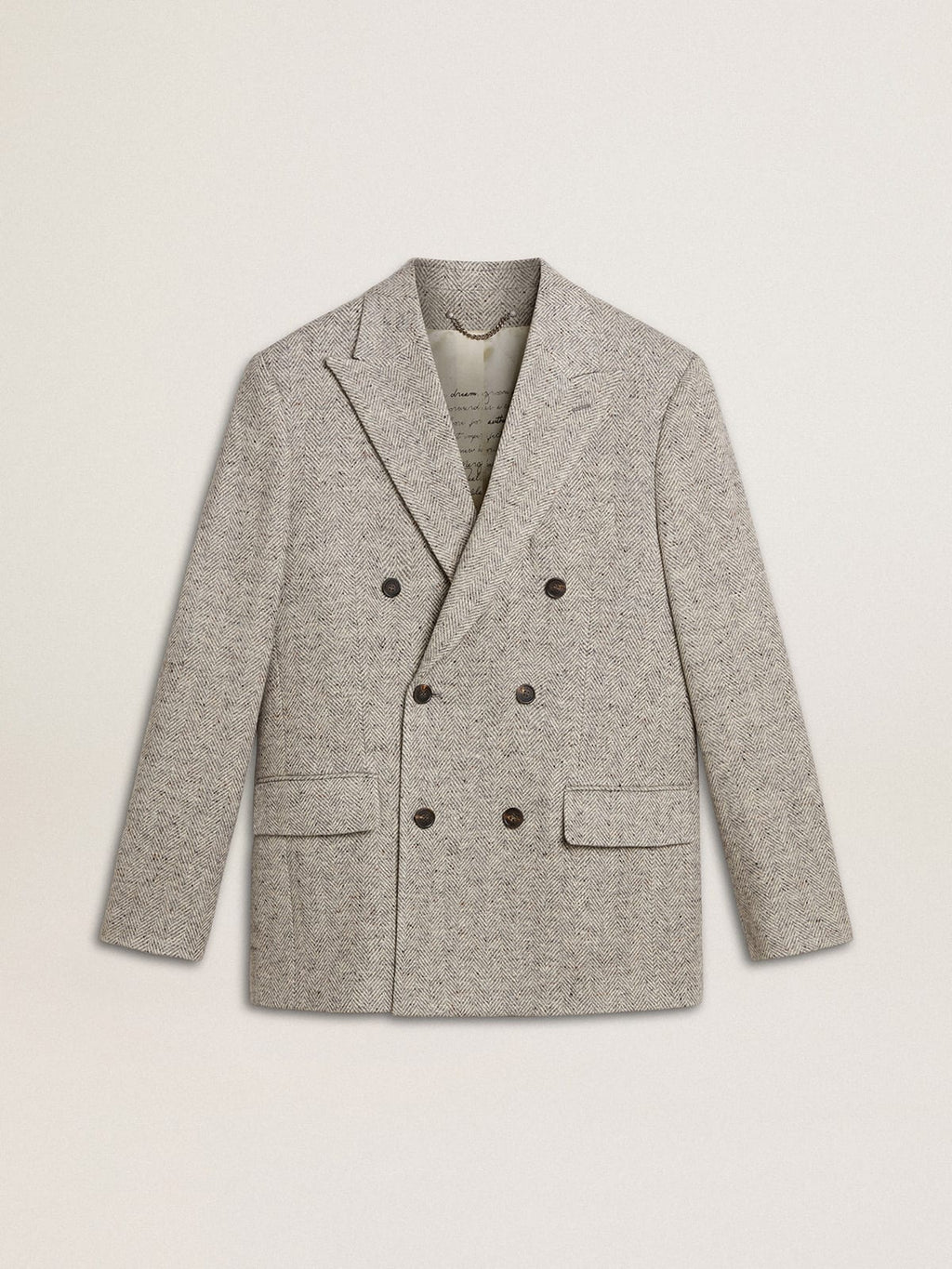 Men's double-breasted jacket in gray silk and chevron wool| Golden Goose