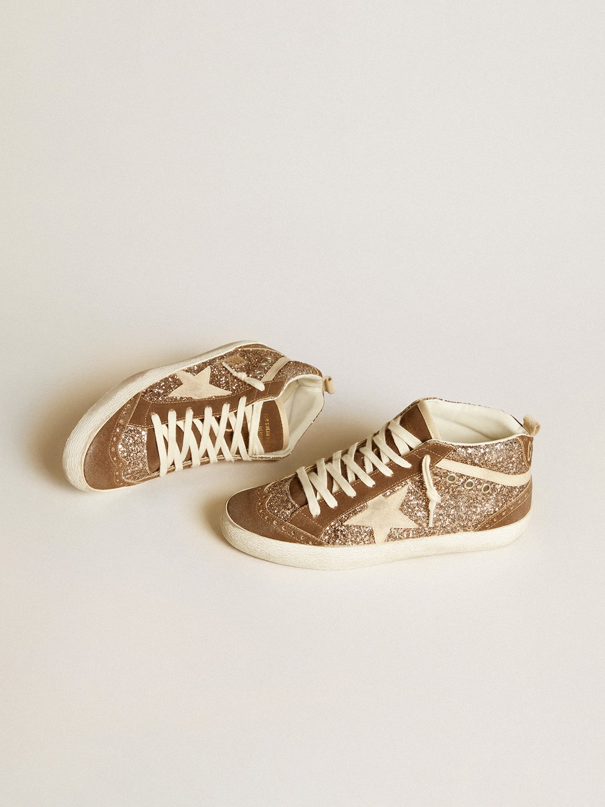 Women's Mid Star in glitter with pearl suede star and brown suede inserts| Golden Goose