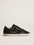 Women's Super-Star in black nappa with black star and glitter heel tab| Golden Goose