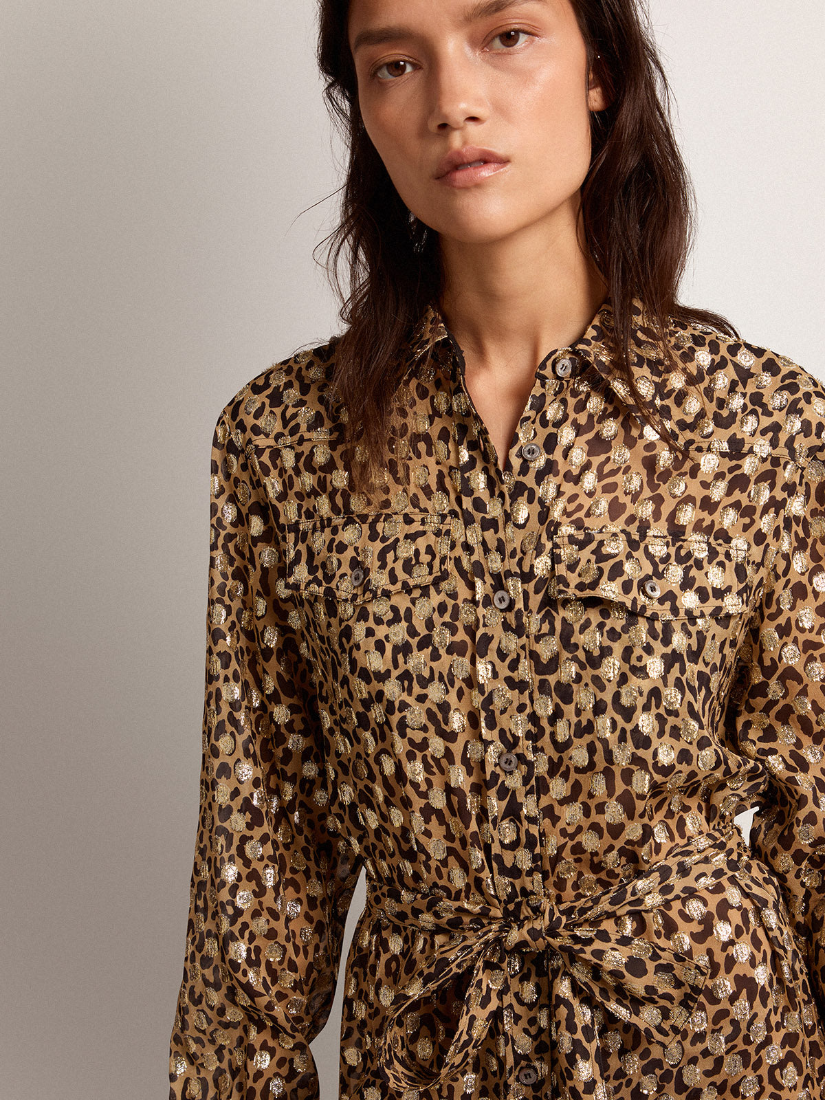 Women's shirt dress with animal print and gold fil coupé| Golden Goose