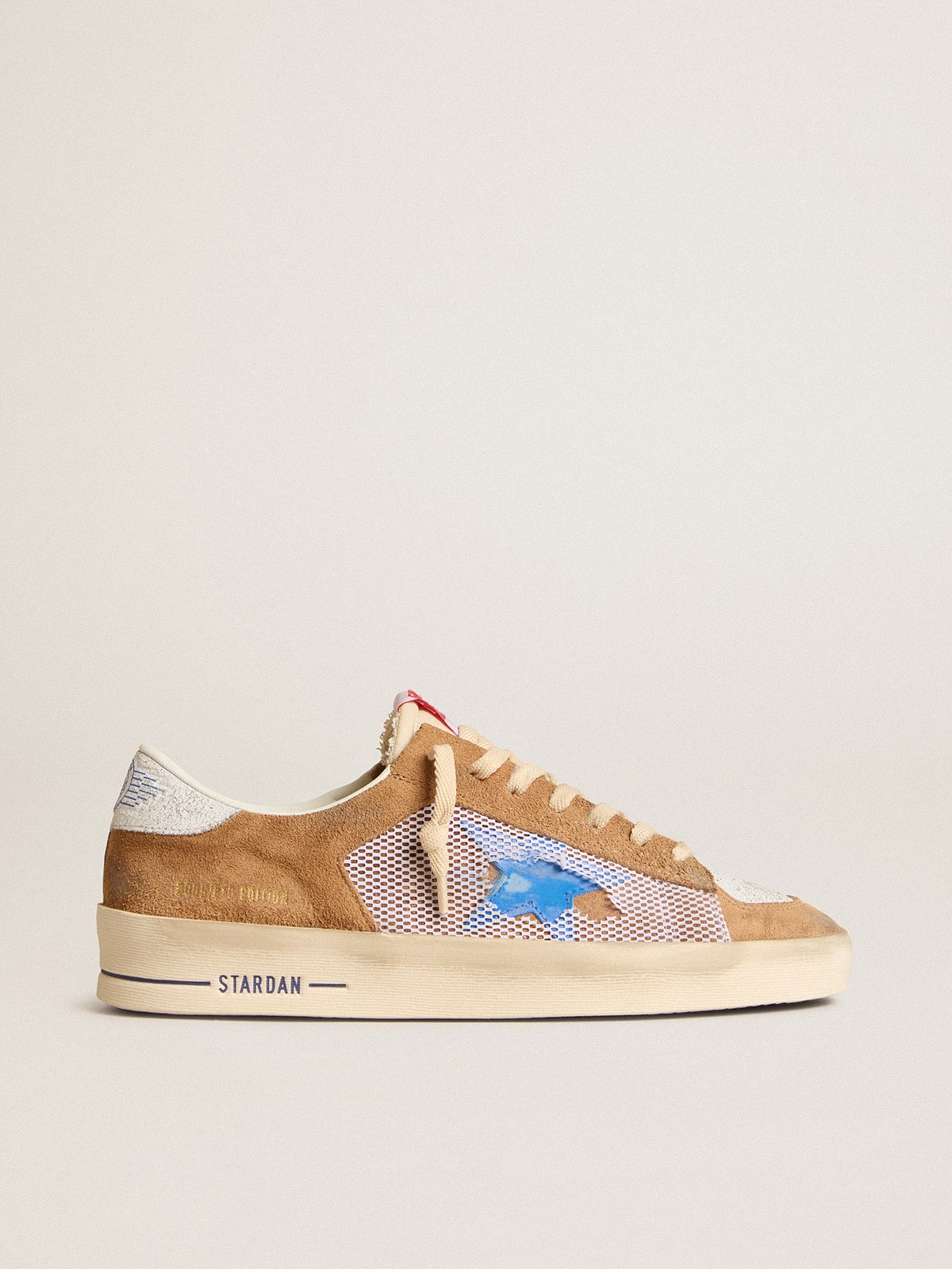 Stardan LTD in tobacco suede and mesh with blue star and leather heel tab| Golden Goose