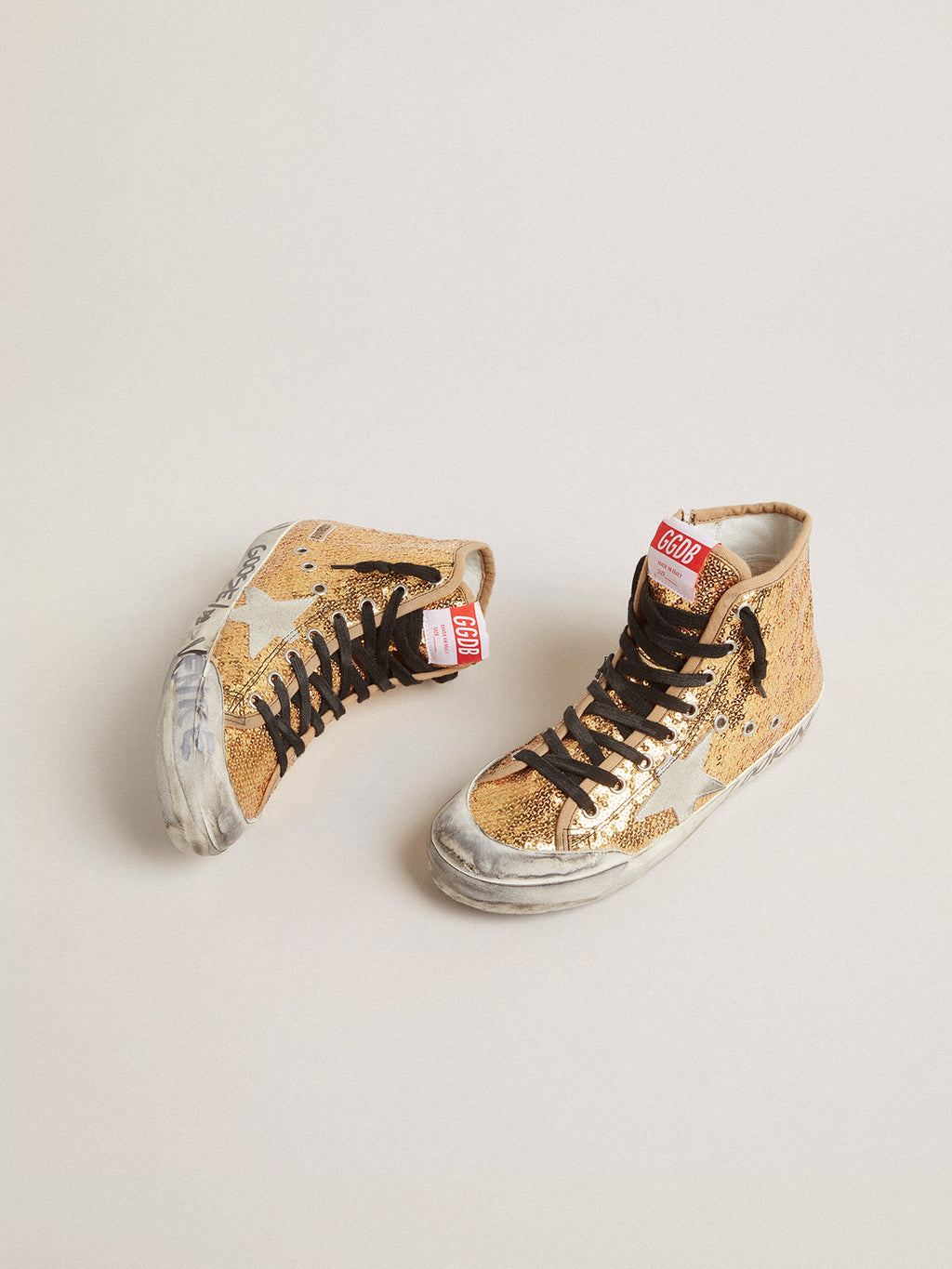 Francy Penstar in gold glitter with suede star and bright blue heel tab| Golden Goose