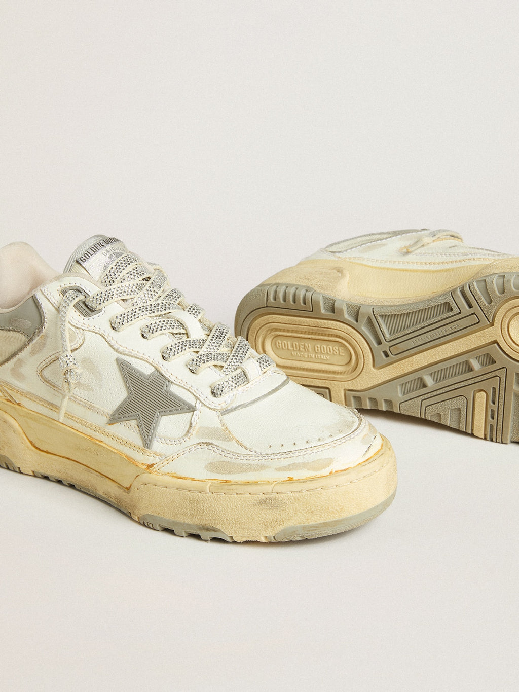 Women's Forty2 in white leather with laces with Swarovski crystals and gray star| Golden Goose