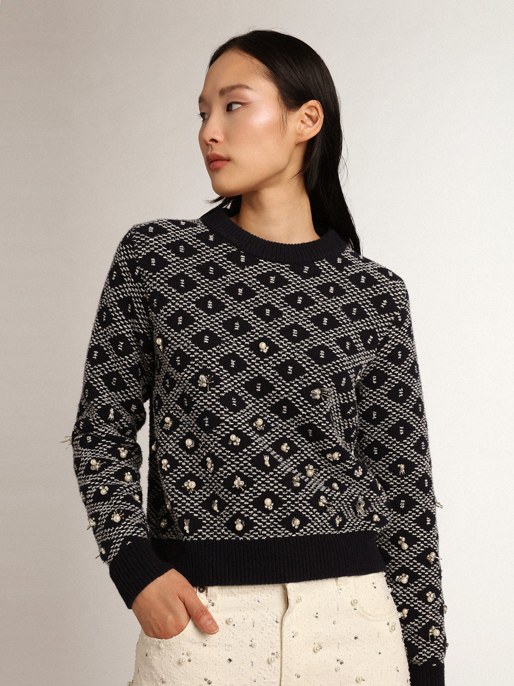 Women's round-neck sweater with white and blue geometric motifs| Golden Goose