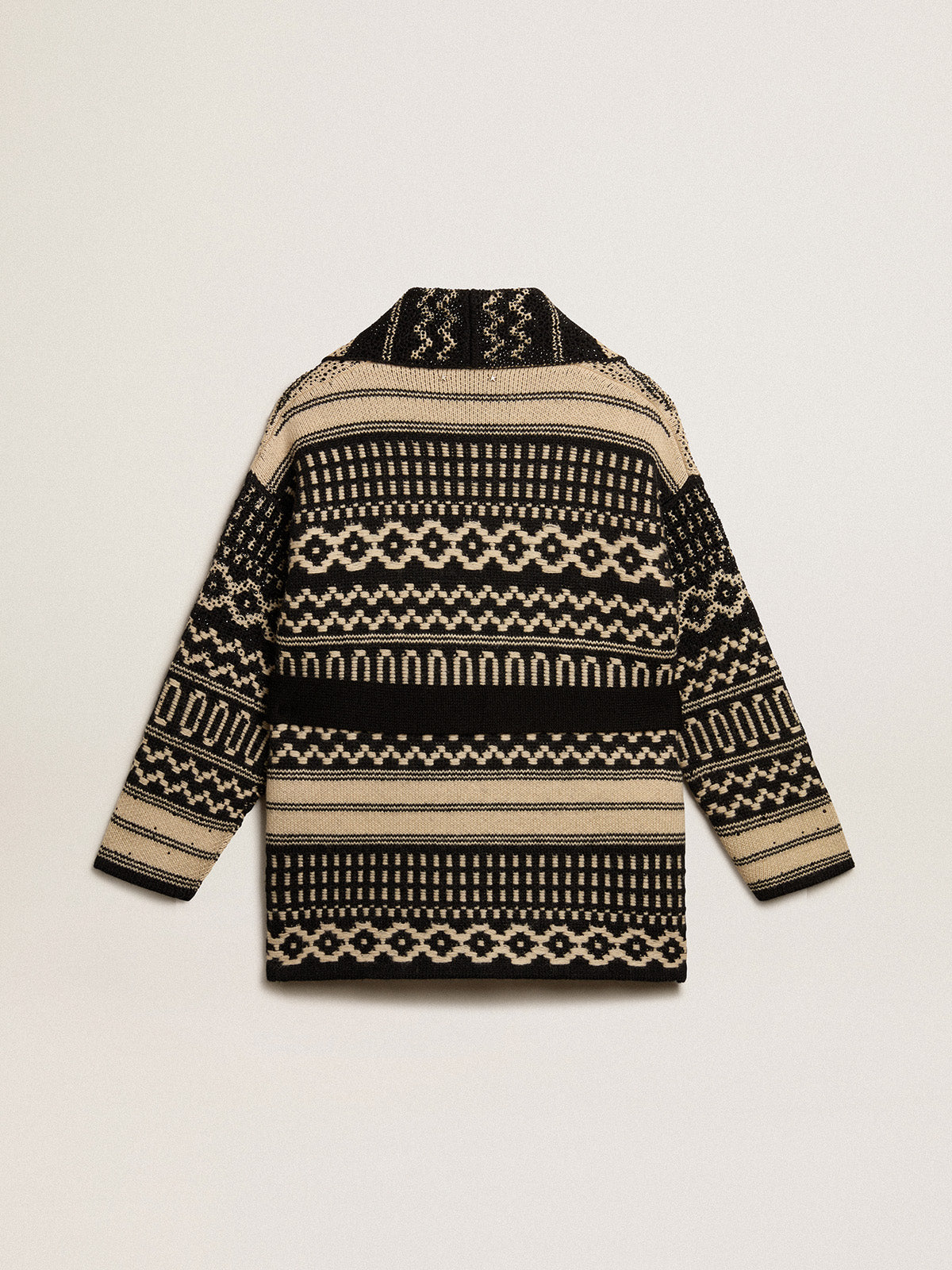 Women's cardigan in ecru wool with jacquard design and belt| Golden Goose
