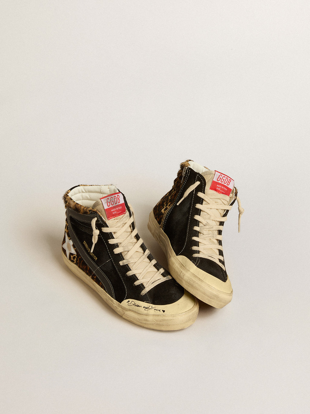 Slide Penstar LTD in leopard-print pony skin with silver star and black flash| Golden Goose