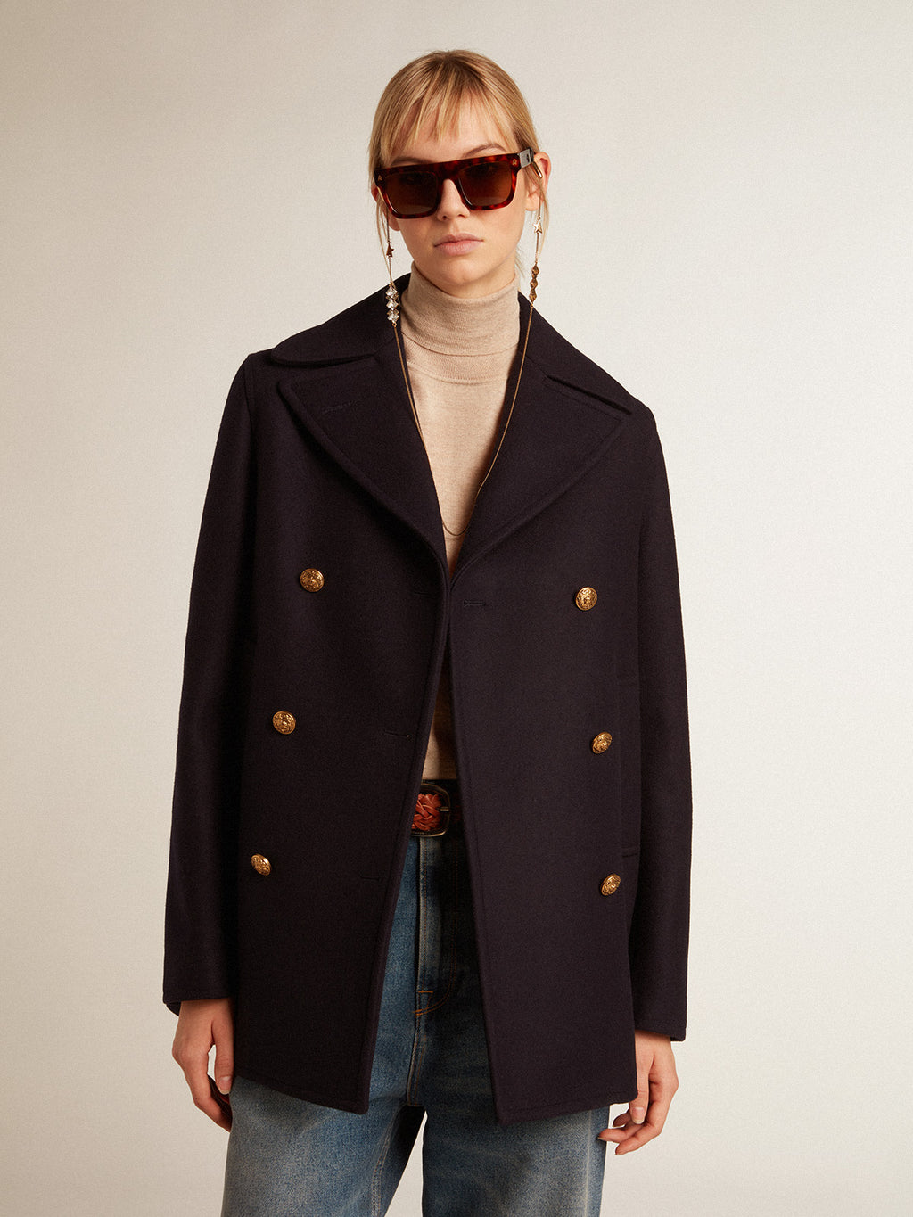 Women's dark blue peacoat with gold-colored heraldic buttons| Golden Goose