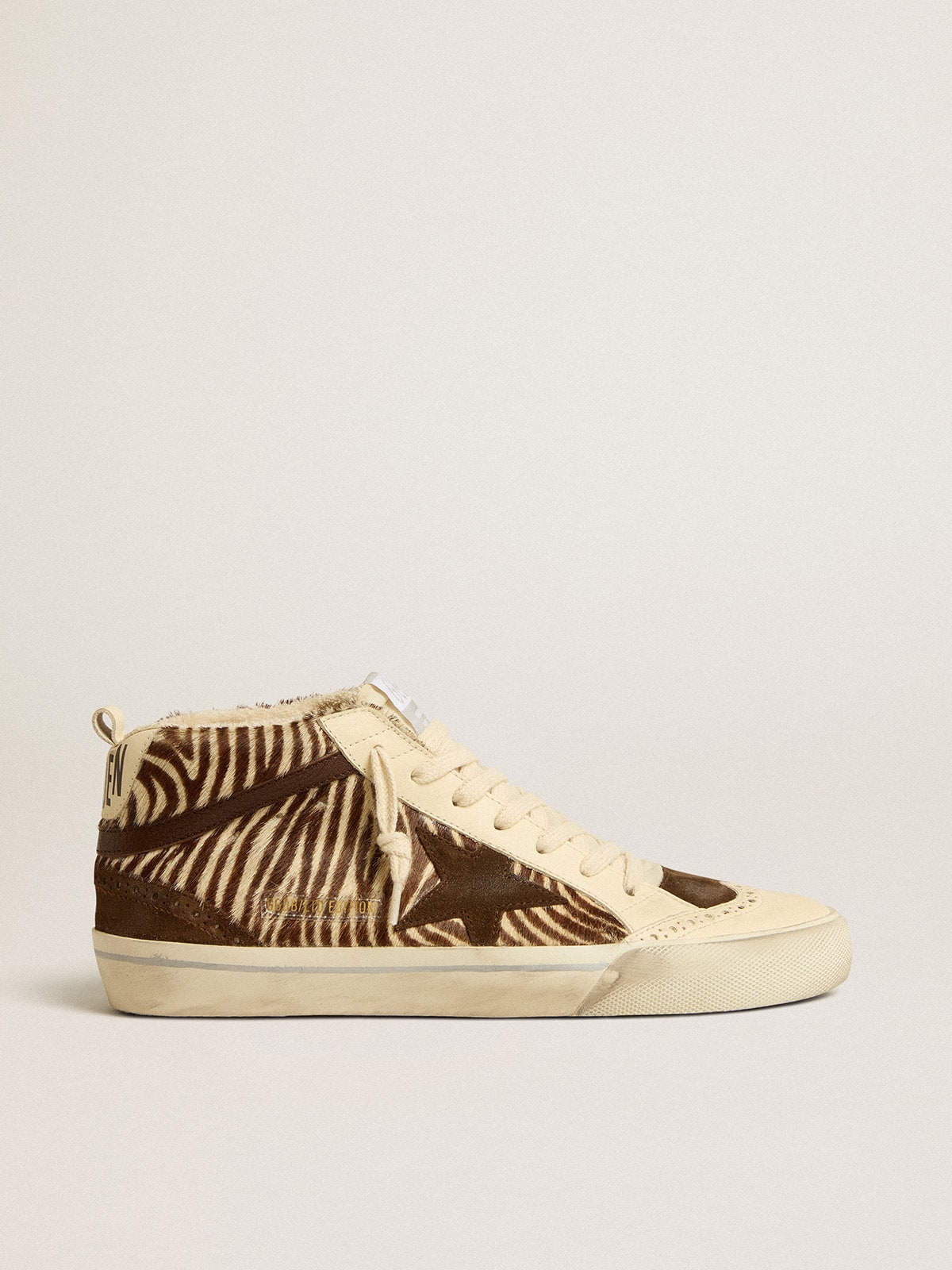 Mid Star LTD in zebra-print pony skin with suede star and brown flash| Golden Goose