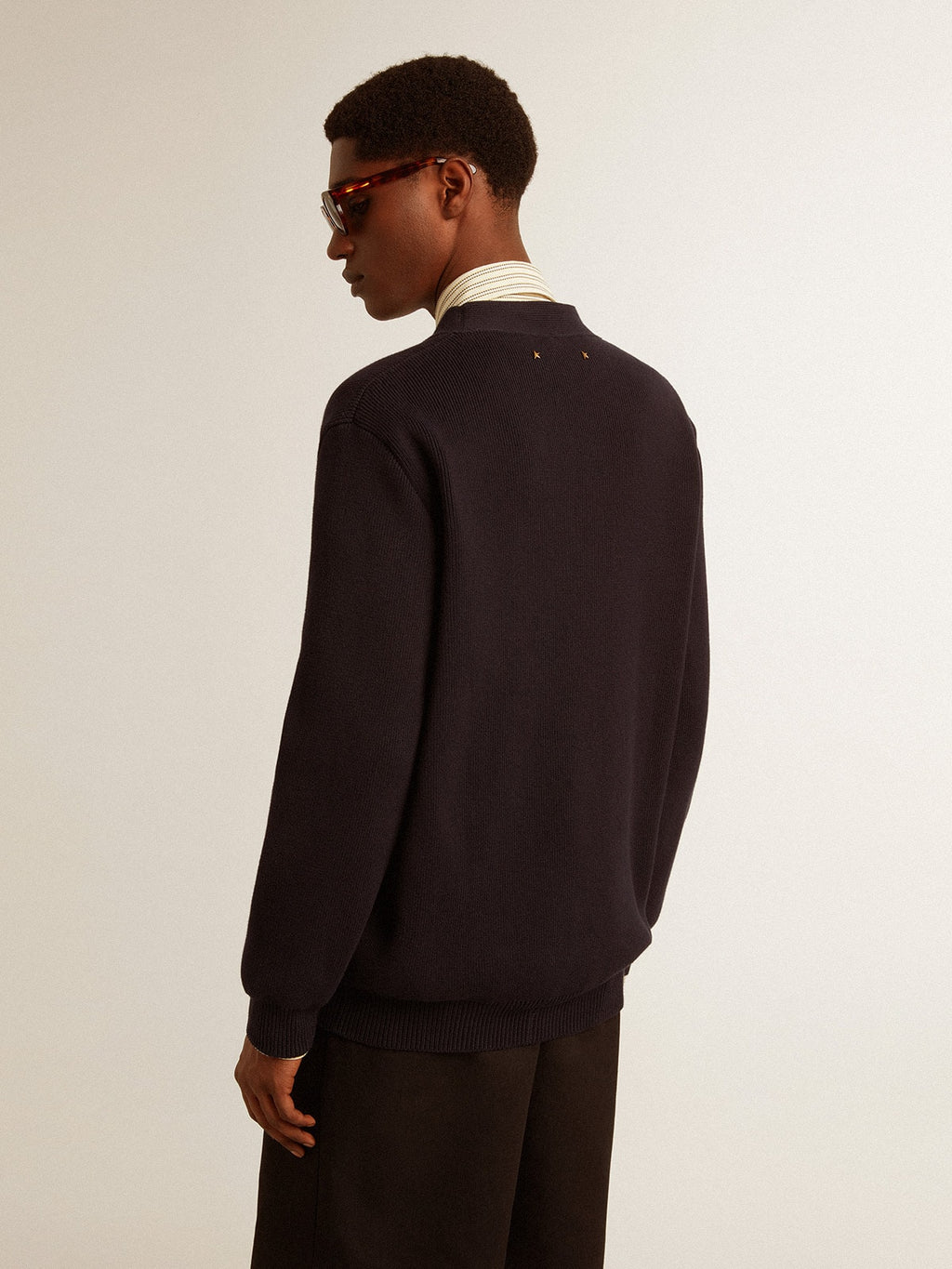 Golden Collection cardigan in dark blue cotton with a distressed finish| Golden Goose