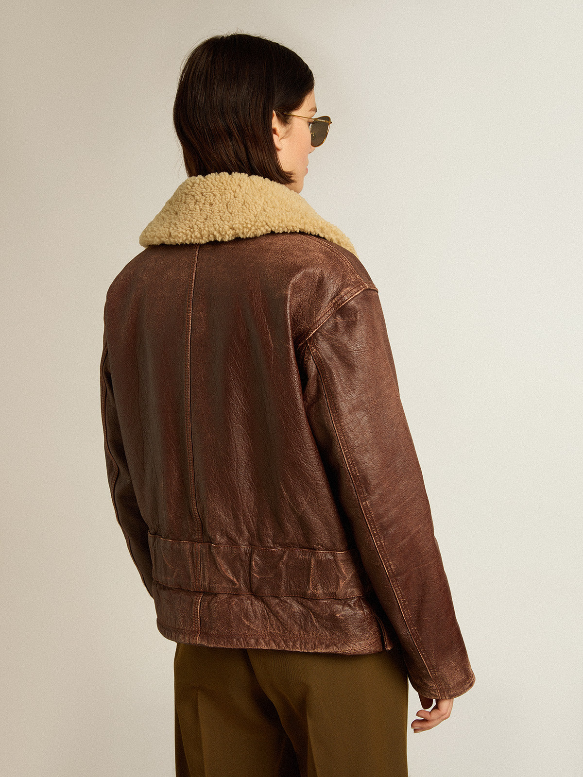 Wood-colored jacket with detachable shearling collar| Golden Goose