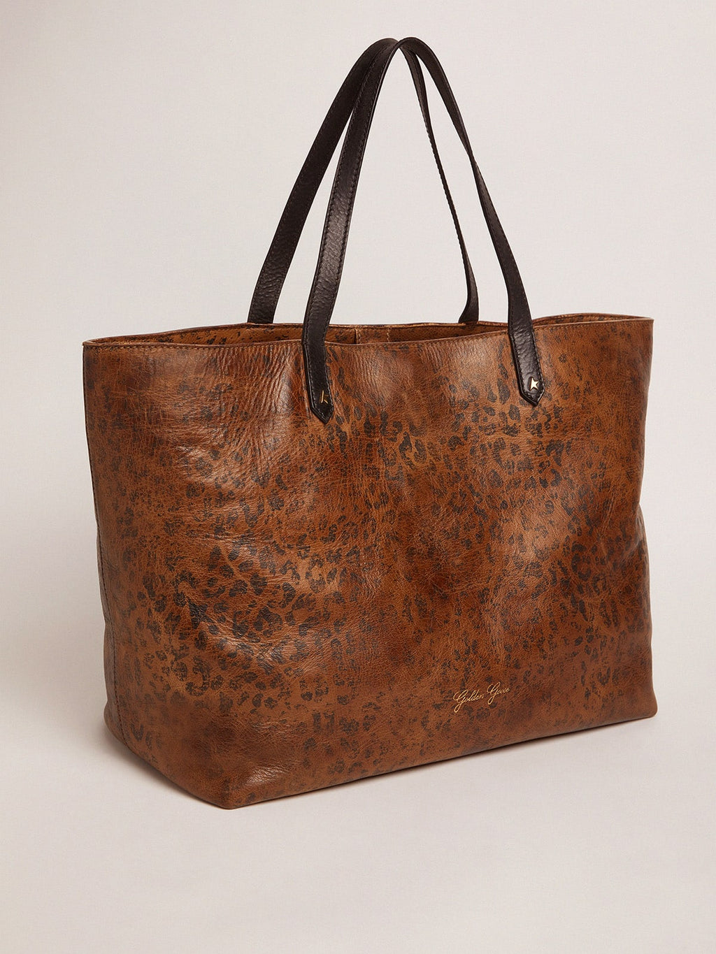 Pasadena Bag in hammered leather with leopard print and contrasting black handles| Golden Goose