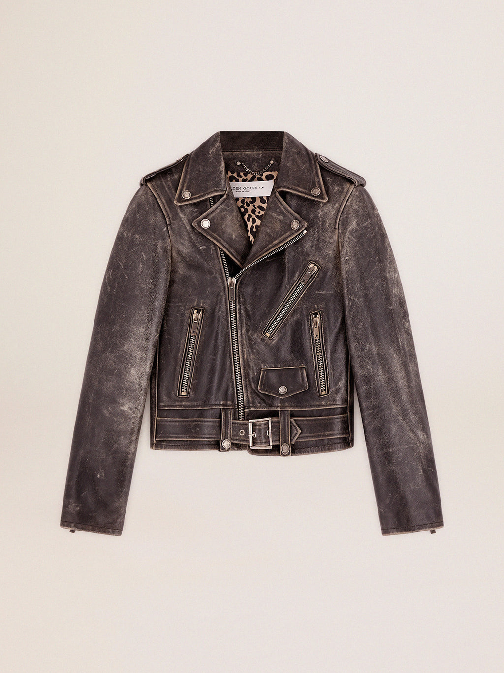 Women's black leather biker jacket| Golden Goose