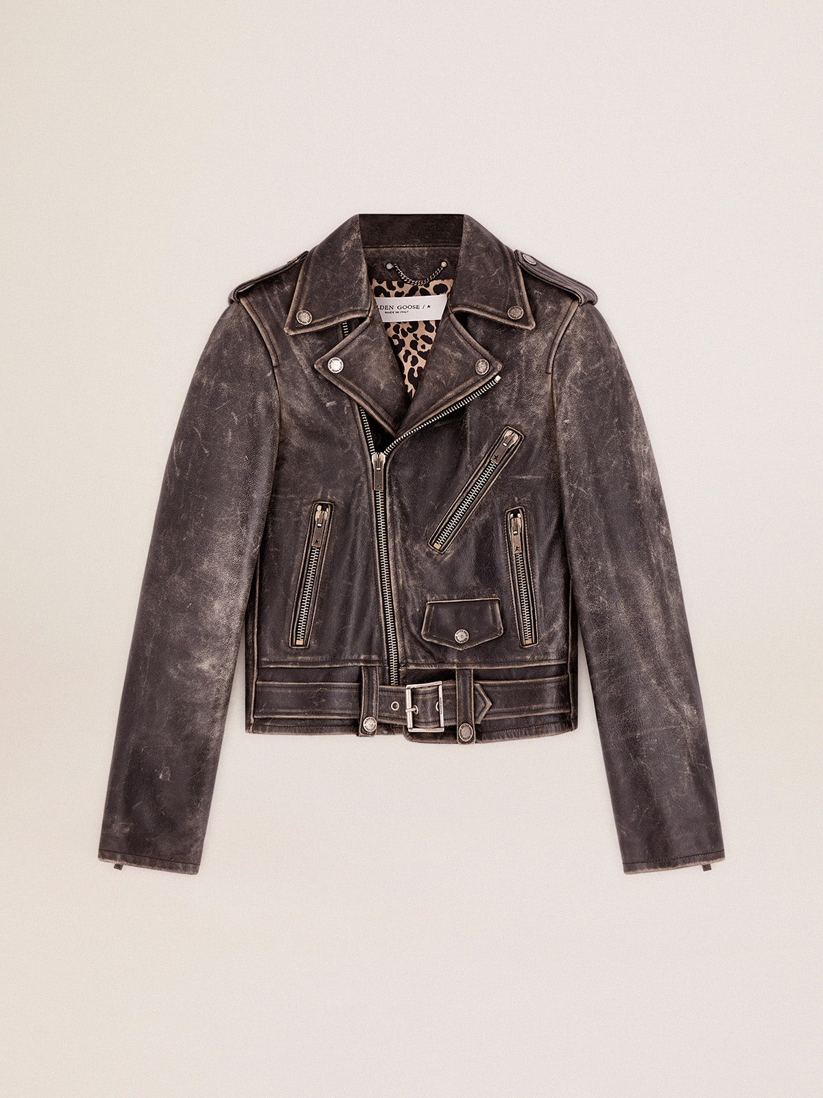 Women's black leather biker jacket| Golden Goose