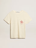 Women's cotton T-shirt in aged white with embroidered pocket| Golden Goose