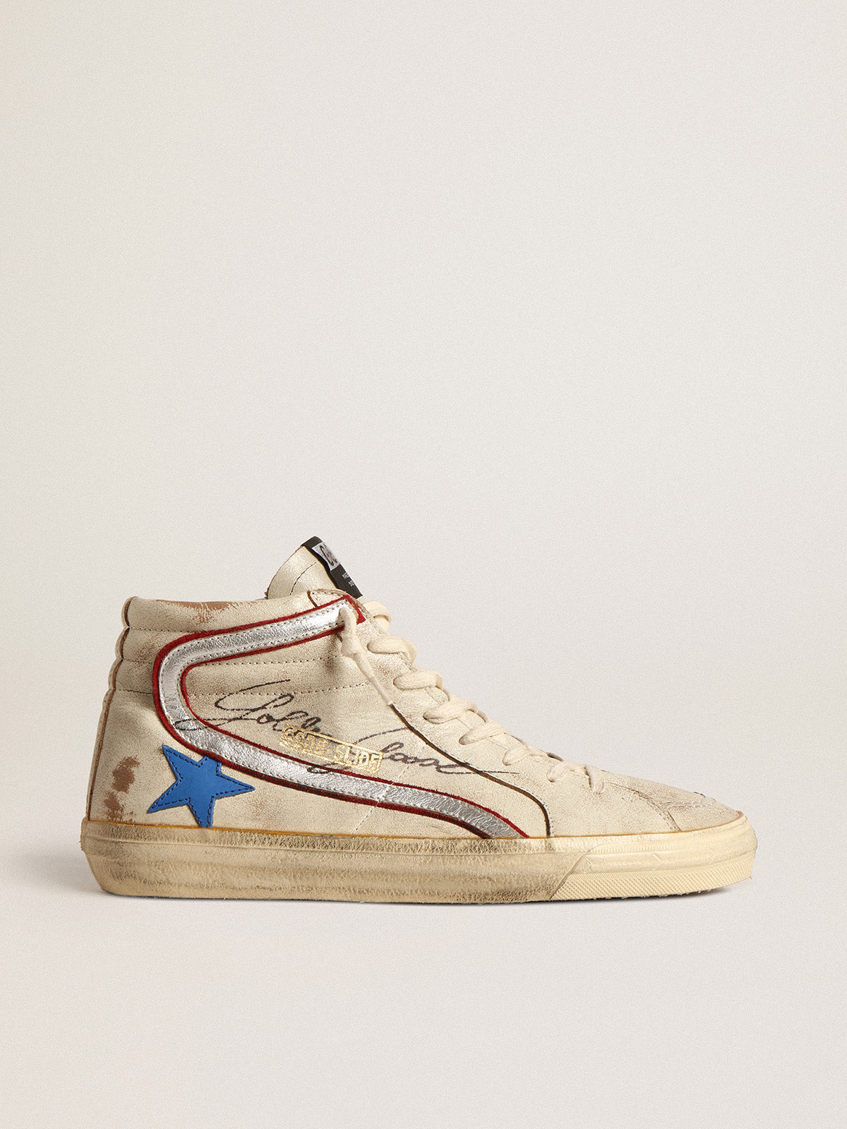 Slide LTD in ecru with bright blue star and silver leather flash| Golden Goose