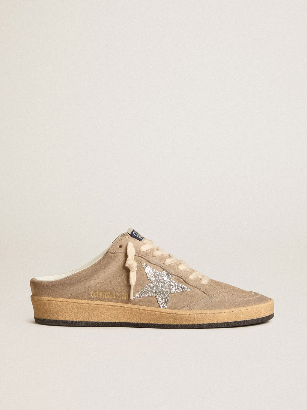 Ball Star Sabots in dove-gray suede with silver glitter star| Golden Goose