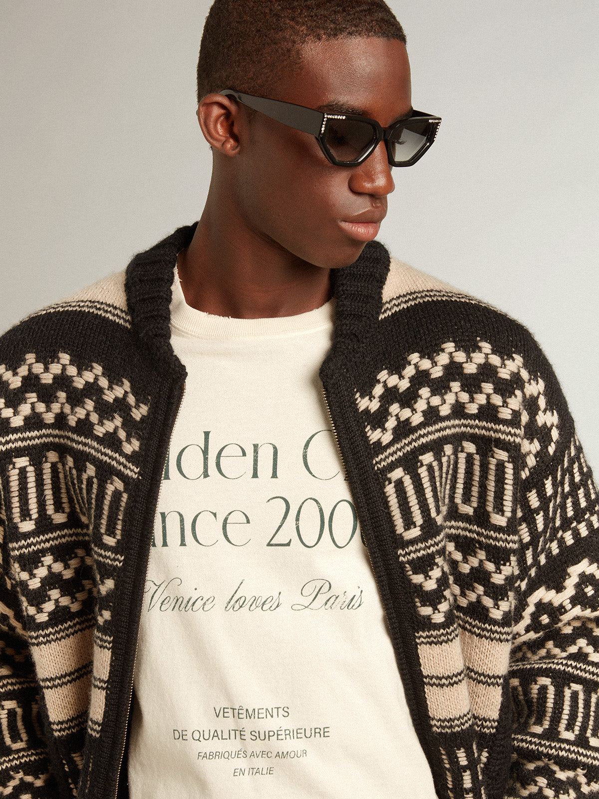 Men's cardigan in ecru wool with jacquard design| Golden Goose