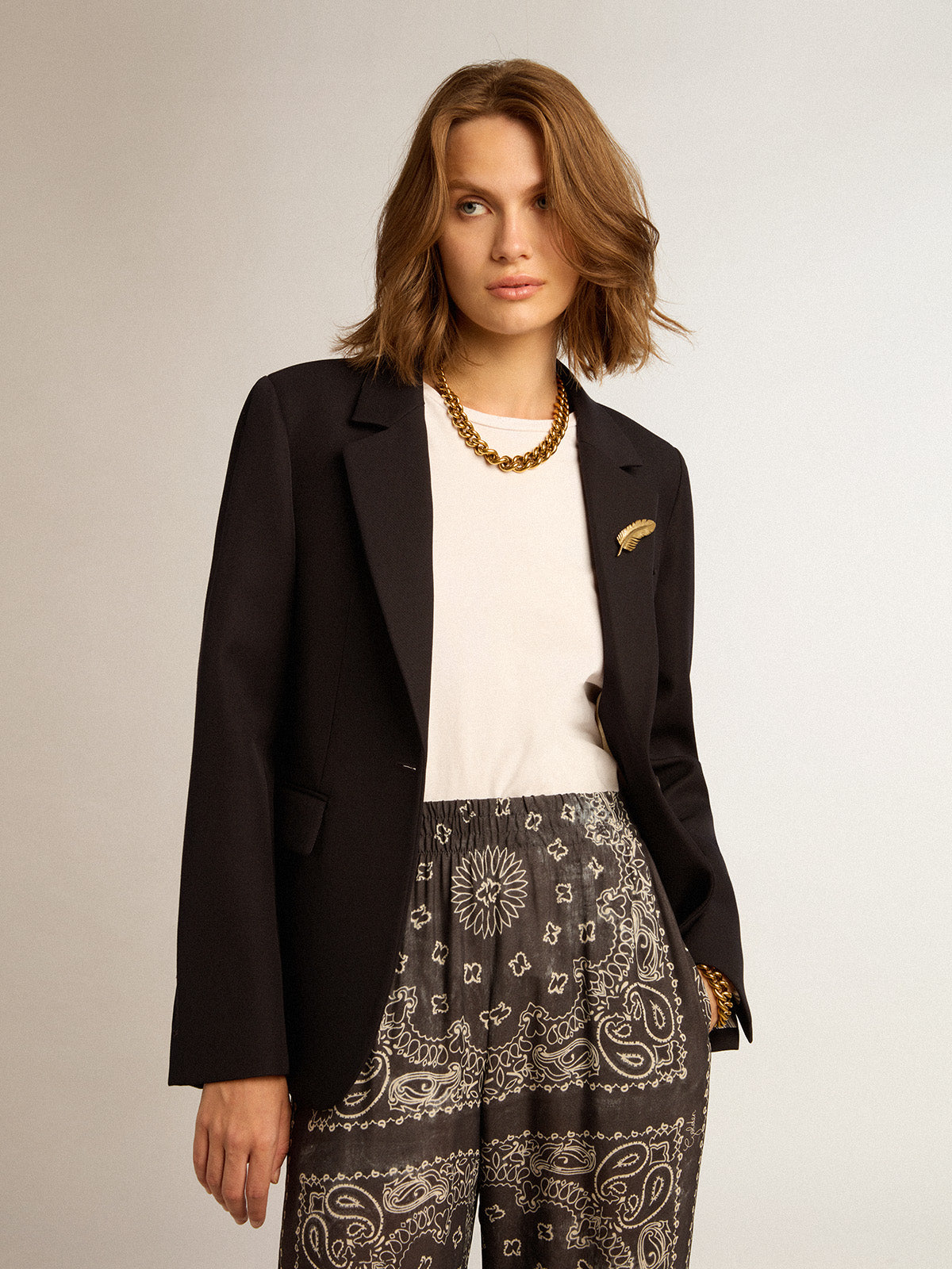 Women's single-breasted blazer in dark blue wool gabardine| Golden Goose