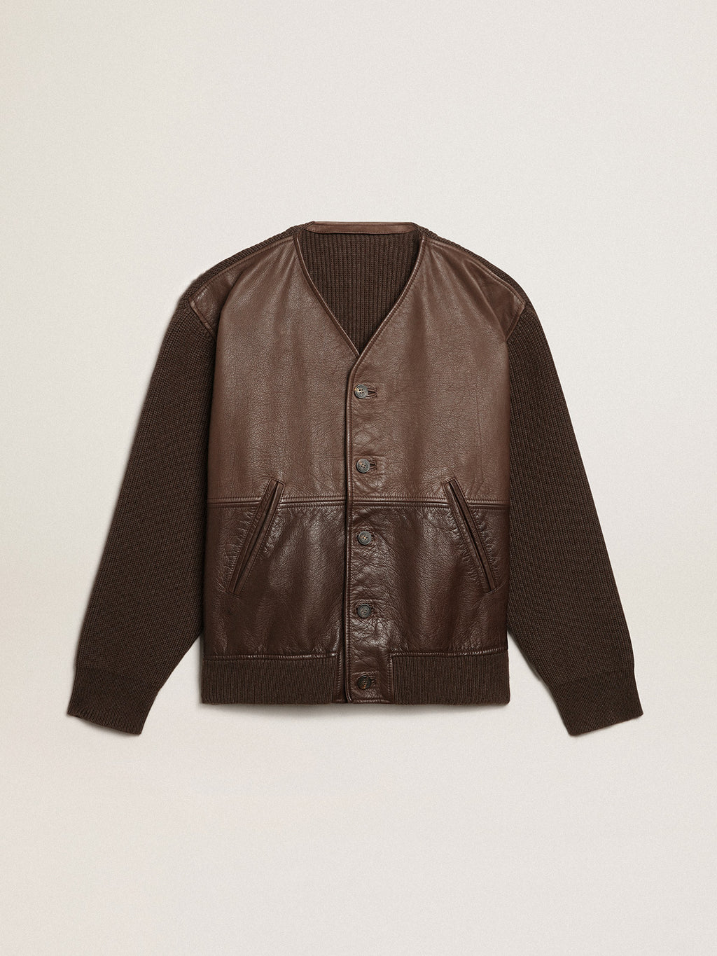 Chocolate-colored leather and knit V-neck cardigan| Golden Goose