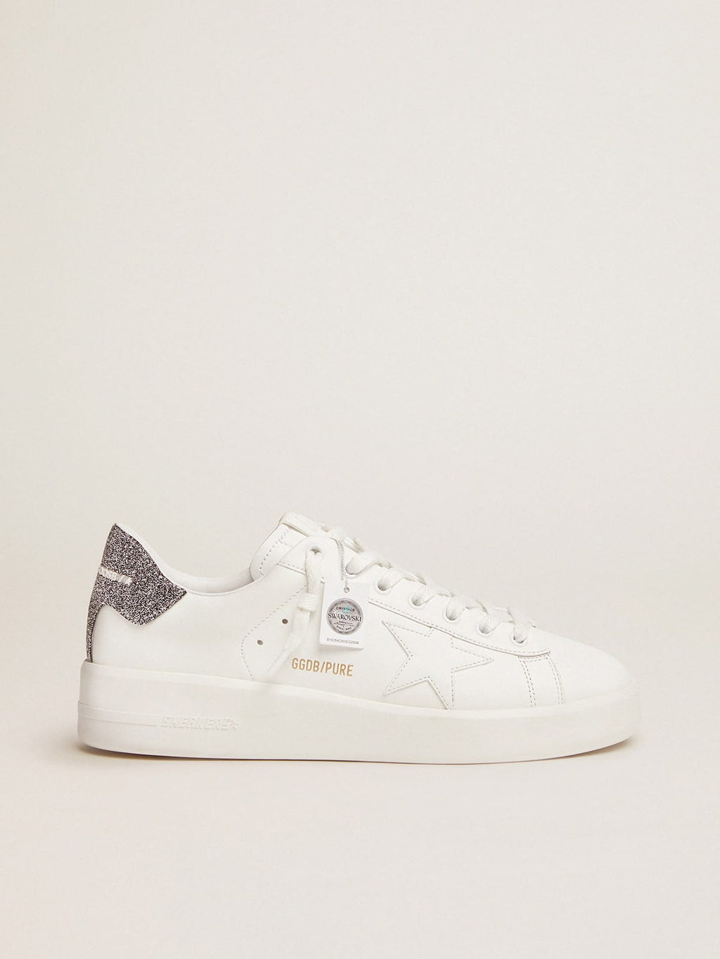 Purestar in white leather with silver Swarovski crystal heel tab| Golden Goose