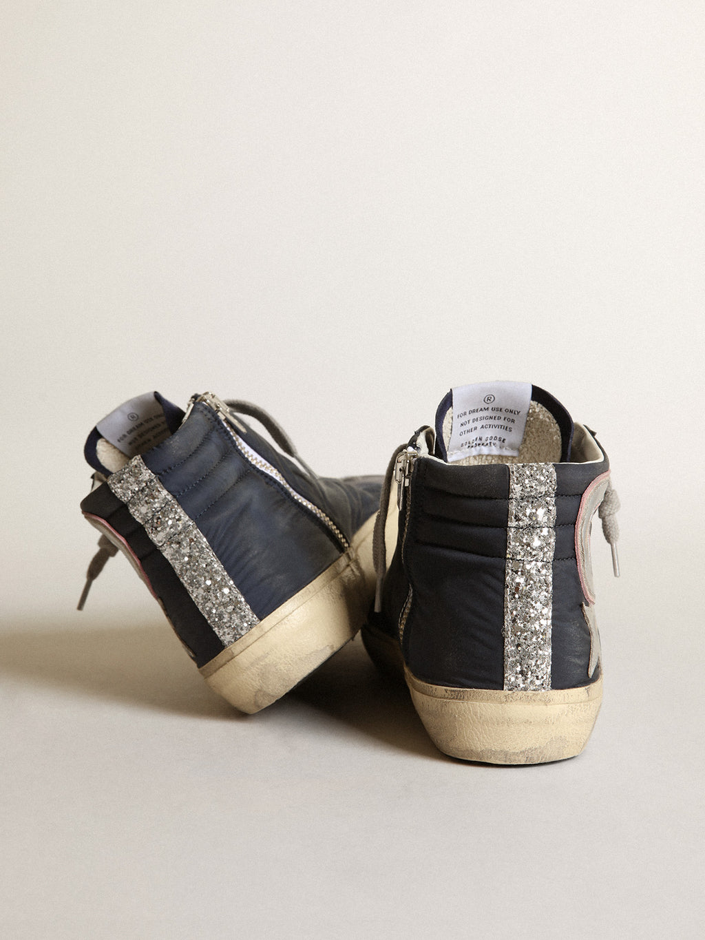 Slide LTD sneakers in blue nylon with silver metallic leather star and flash| Golden Goose