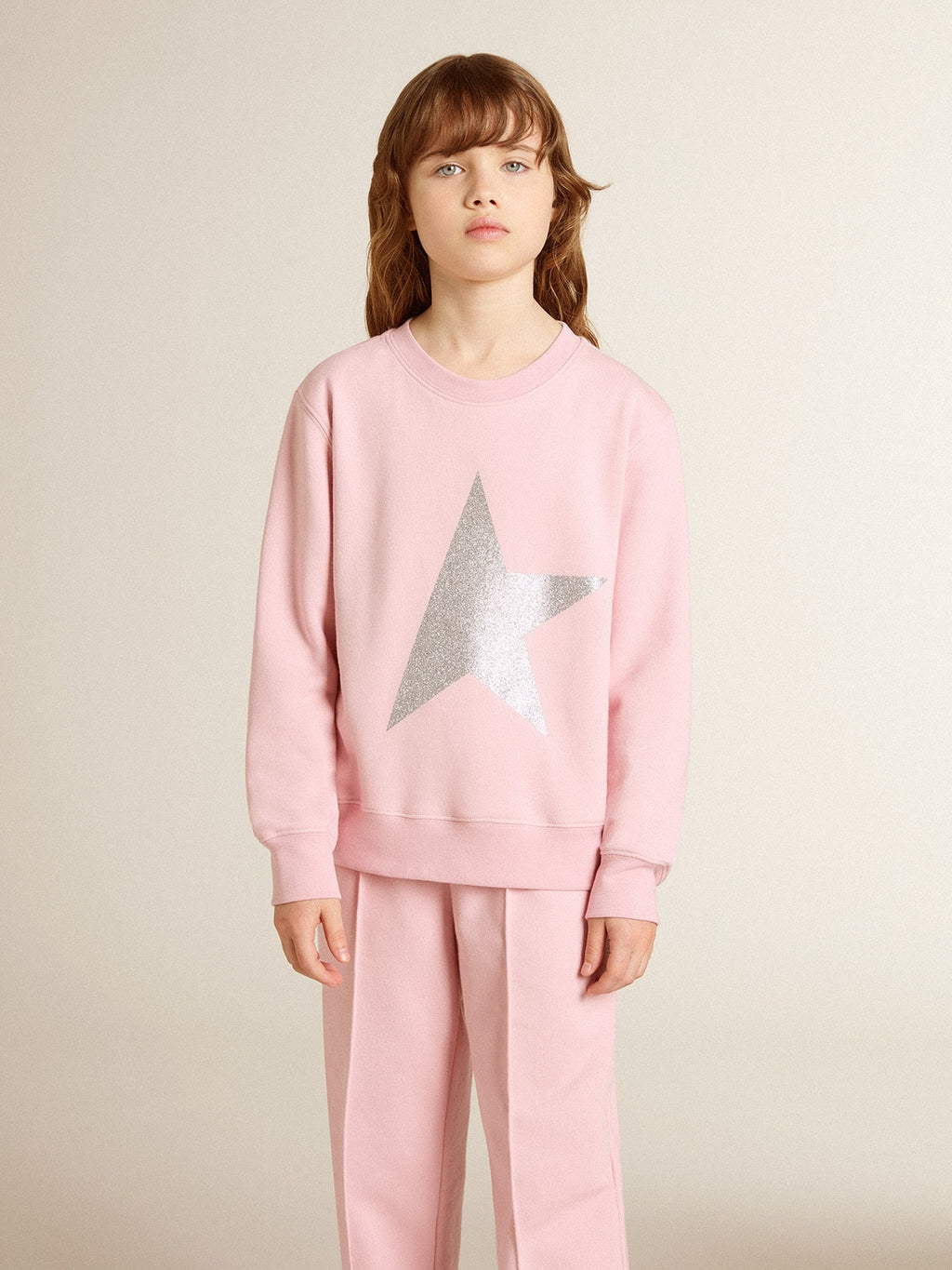 Pink sweatshirt with maxi star in silver glitter on the front| Golden Goose