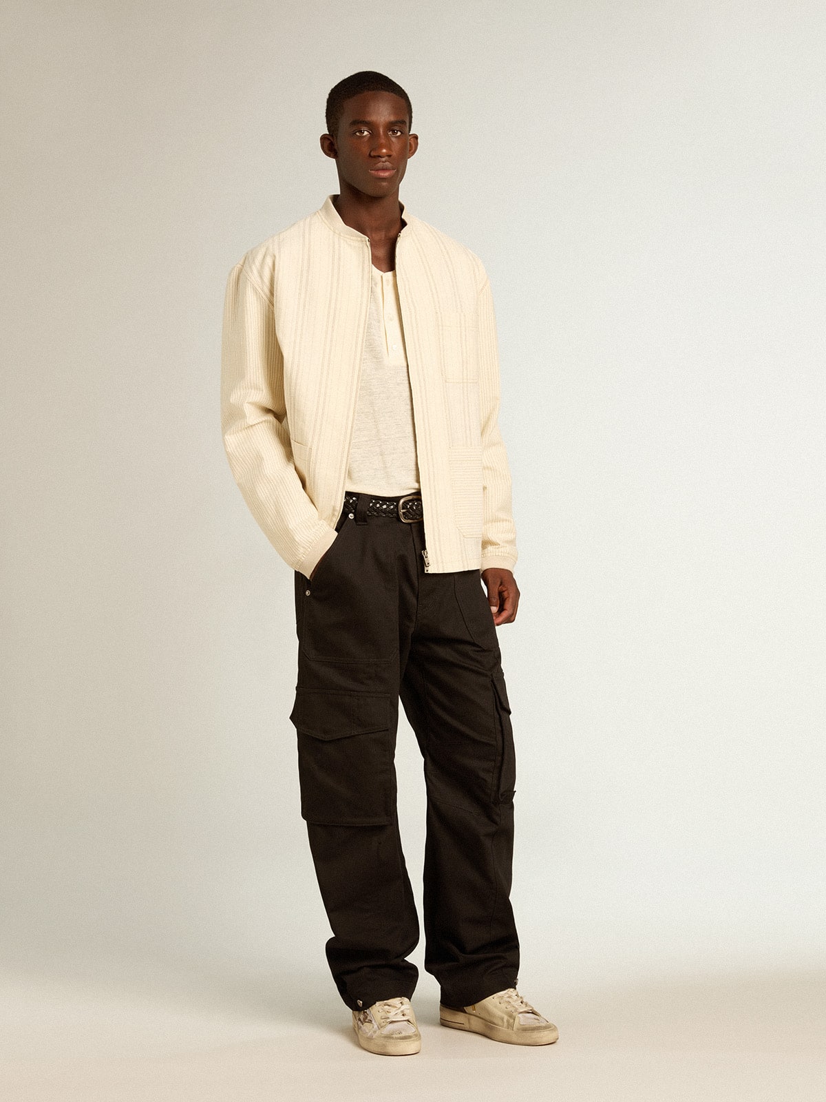 Men's long-sleeved T-shirt in panama-colored linen| Golden Goose