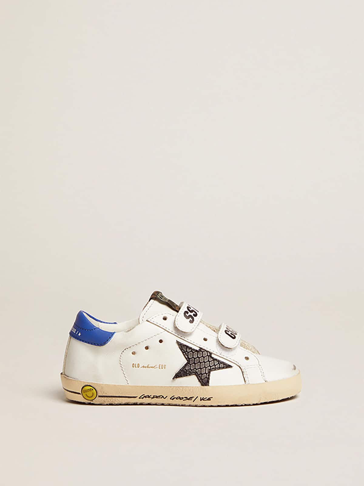 Young Old School with black snake print leather star and blue heel| Golden Goose