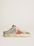 Women's Super-Star Sabot in silver glitter with red leather star| Golden Goose