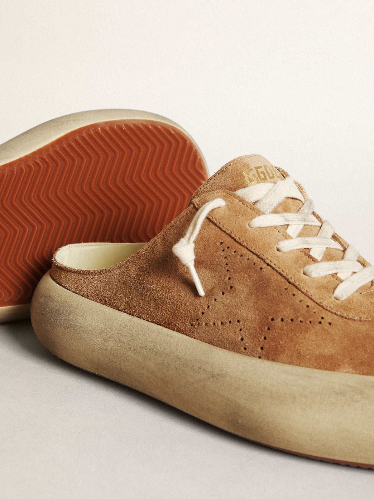 Women's Space-Star Sabot in tobacco-colored suede with perforated star| Golden Goose
