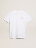 Women's white T-shirt with gold glitter logo and star| Golden Goose