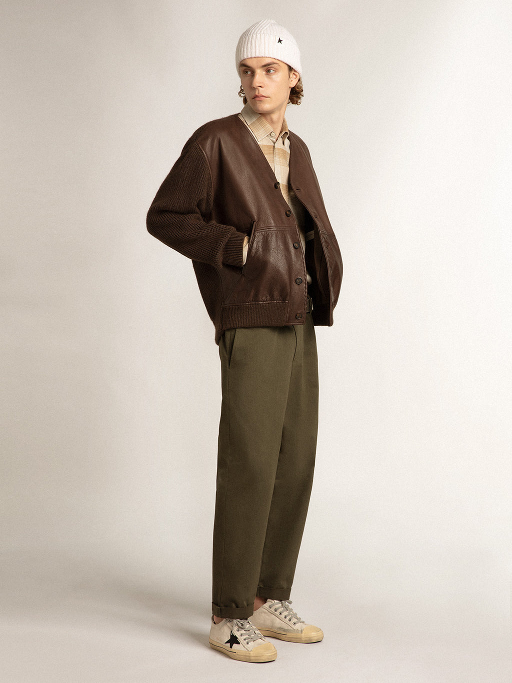 Chocolate-colored leather and knit V-neck cardigan| Golden Goose
