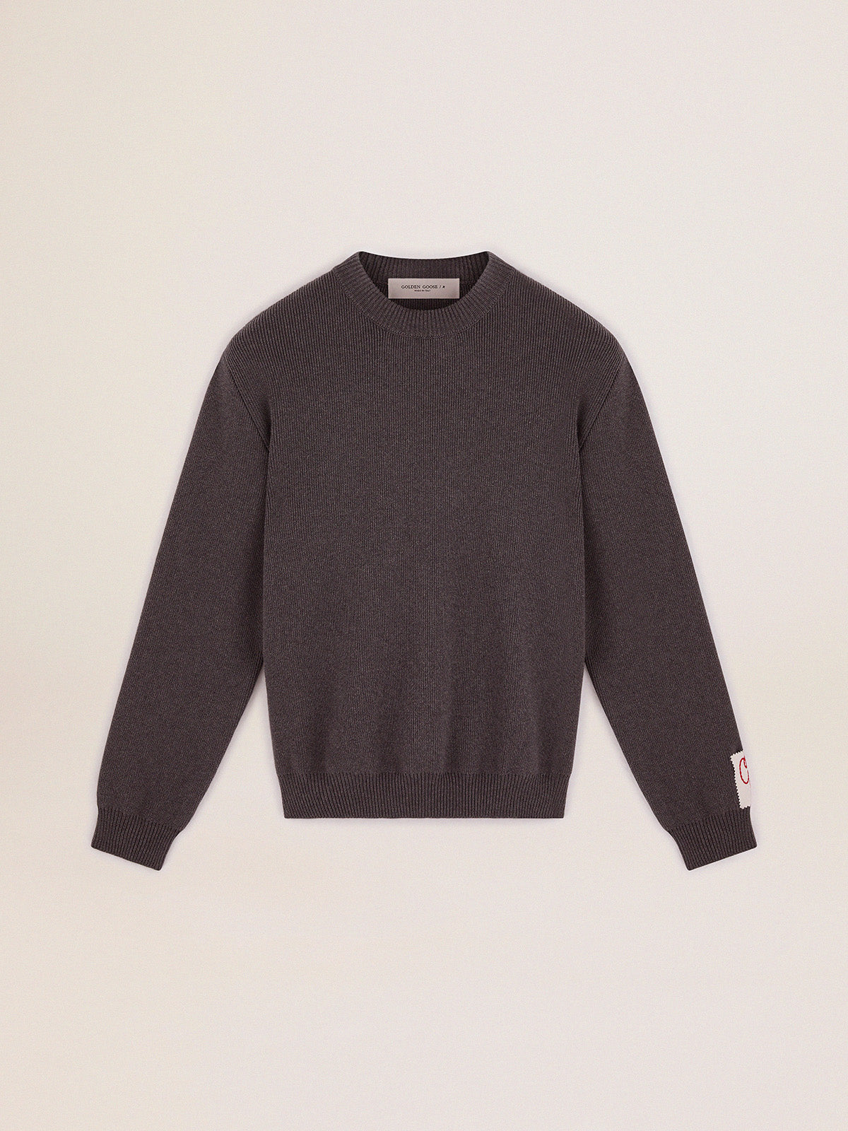 Men's round-neck sweater in dark gray cotton with logo on the back| Golden Goose