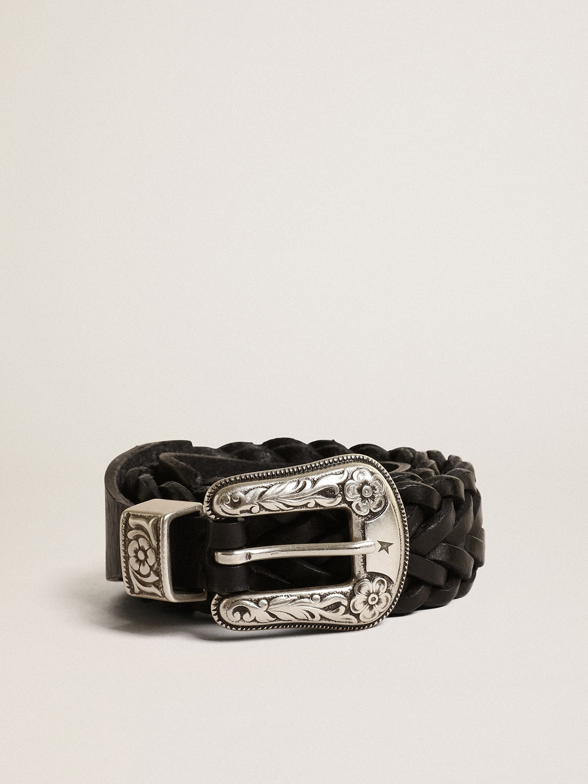Belt in black braided leather with silver color buckle| Golden Goose