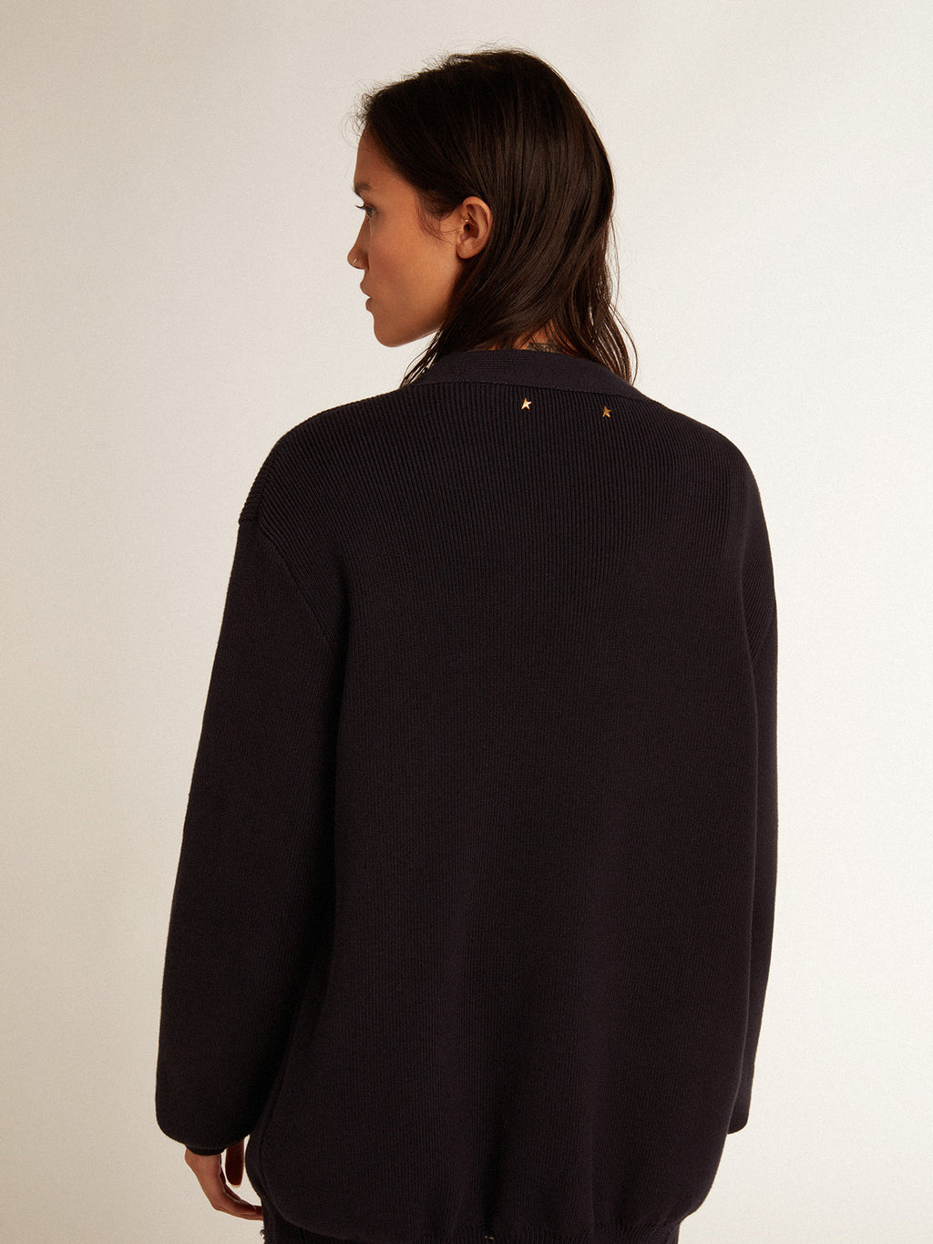 Women's cardigan in distressed dark blue cotton| Golden Goose