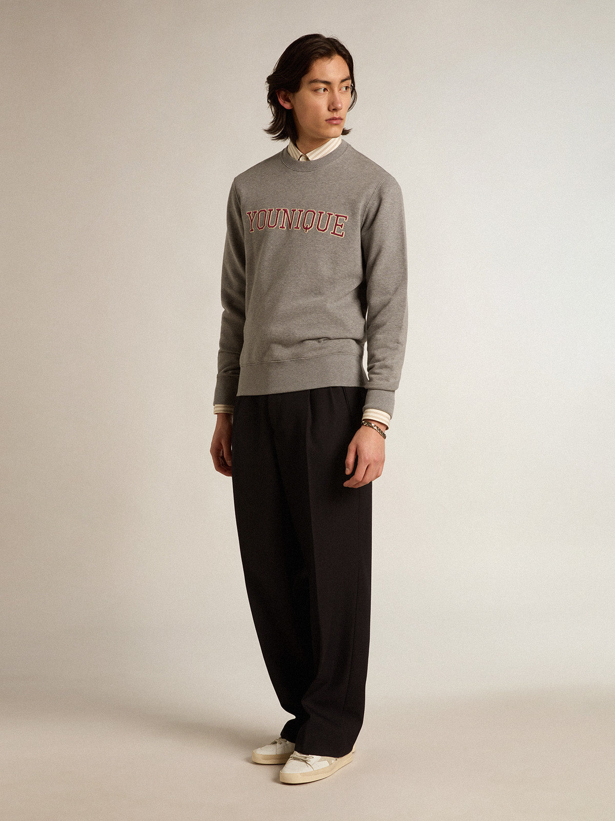 Men's white cotton shirt with beige stripes| Golden Goose