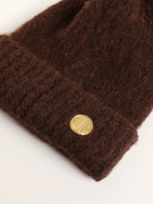 Coffee-colored wool beanie with pompom| Golden Goose