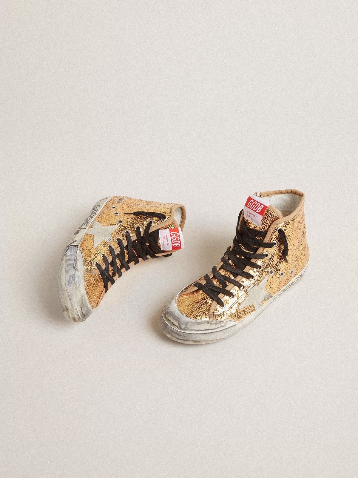 Francy Penstar in gold glitter with suede star and bright blue heel tab| Golden Goose