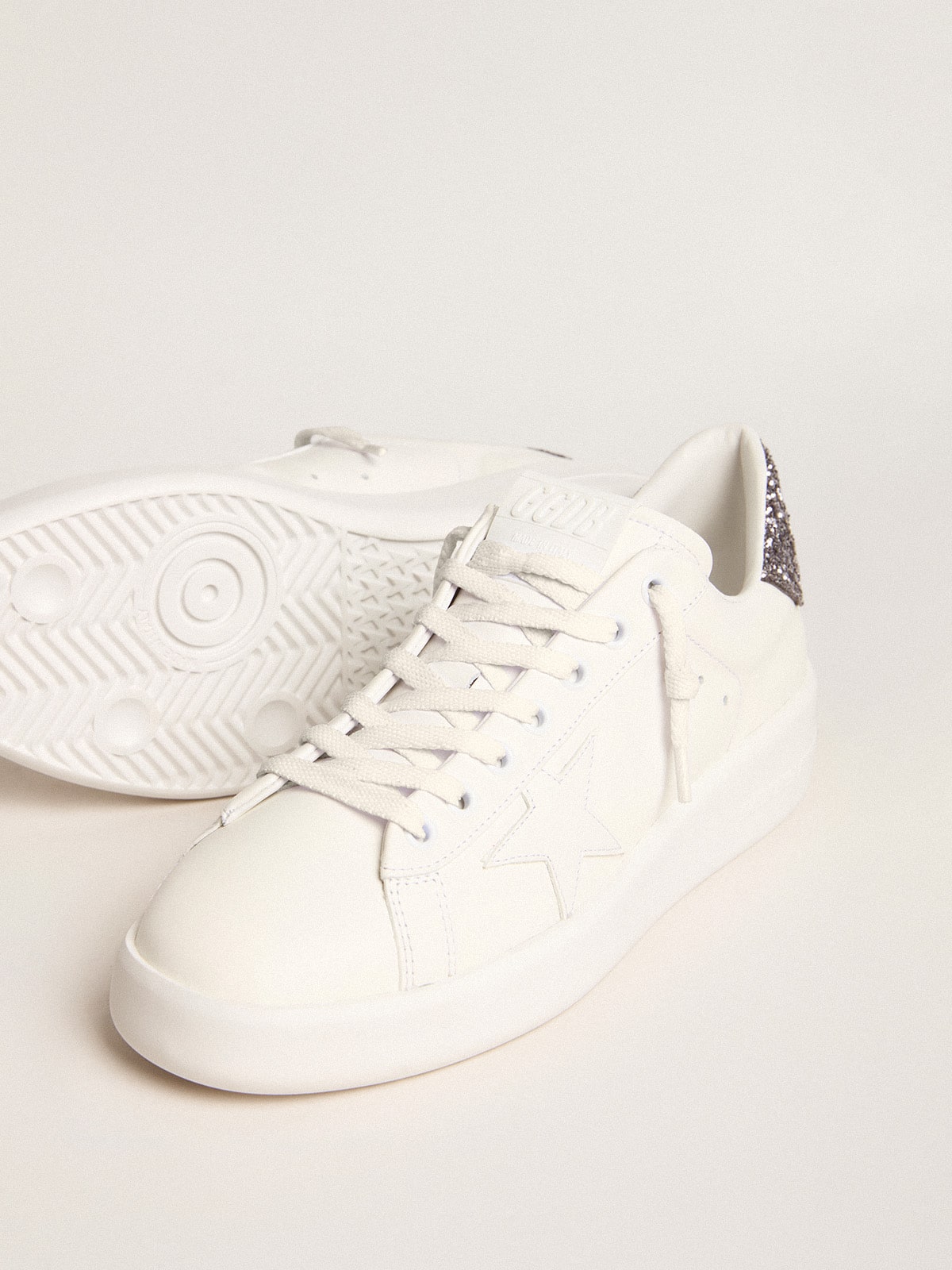 Women's Purestar with white leather star and anthracite glitter heel tab| Golden Goose