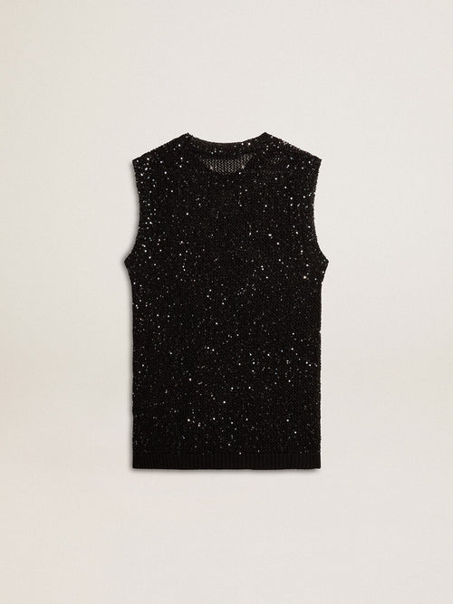 Black mesh knit top with sequins and contrasting details