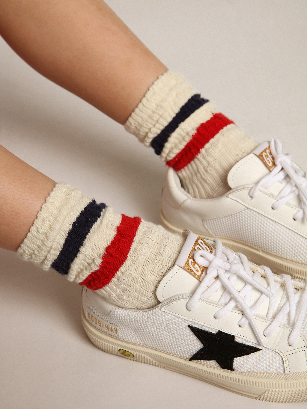 Socks in distressed-finish white cotton with red and navy stripes| Golden Goose