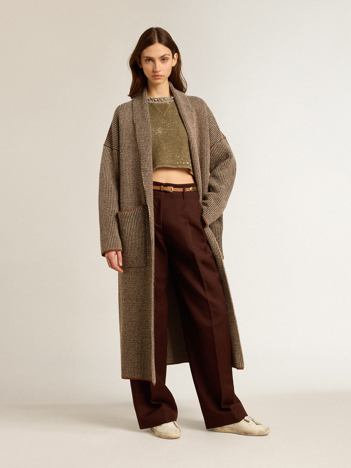 Vintage-effect beech-colored cotton cropped sweatshirt| Golden Goose